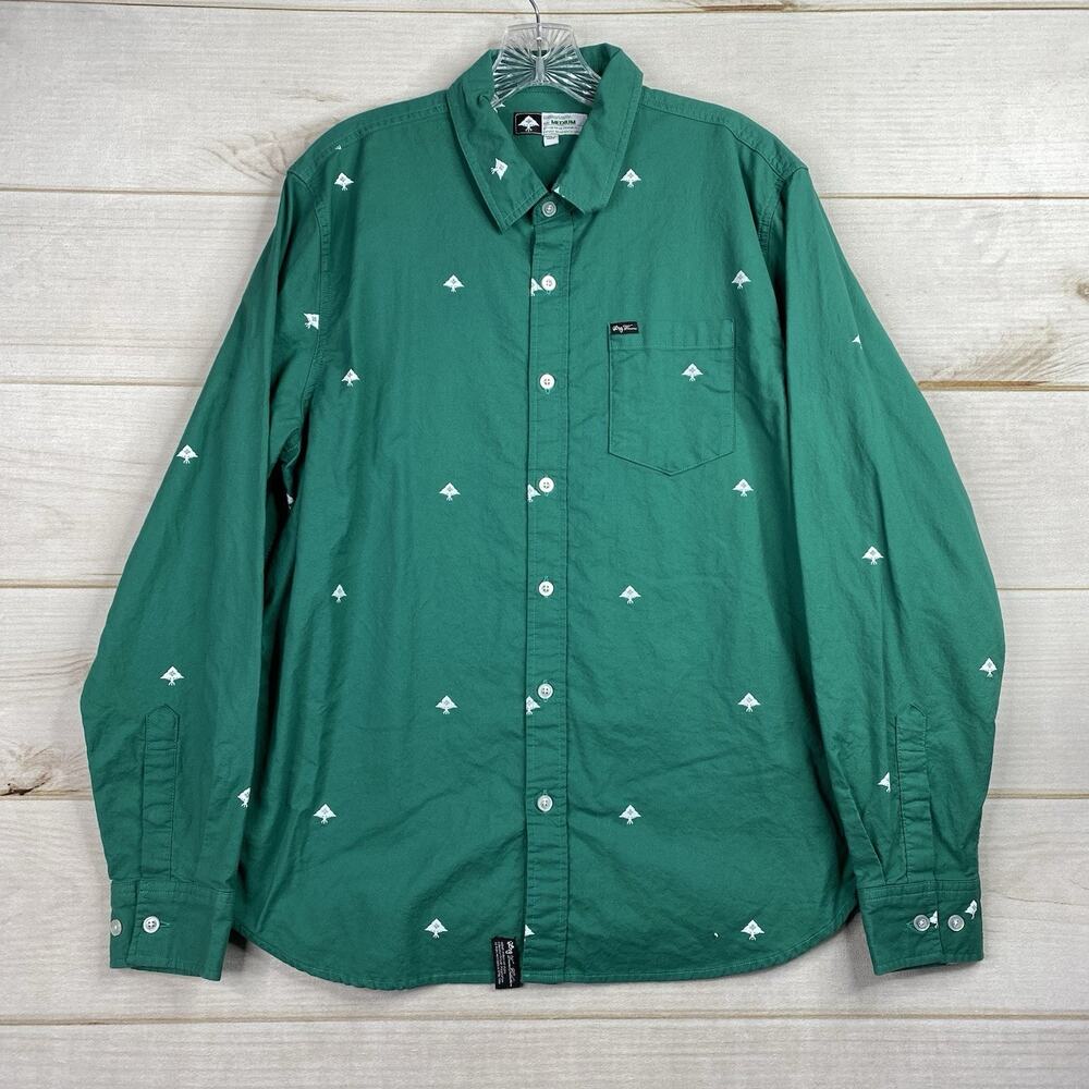 LRG Lifted Research Group Mens Shirt Sz M Green Tree Logo Motif Long Sleeve